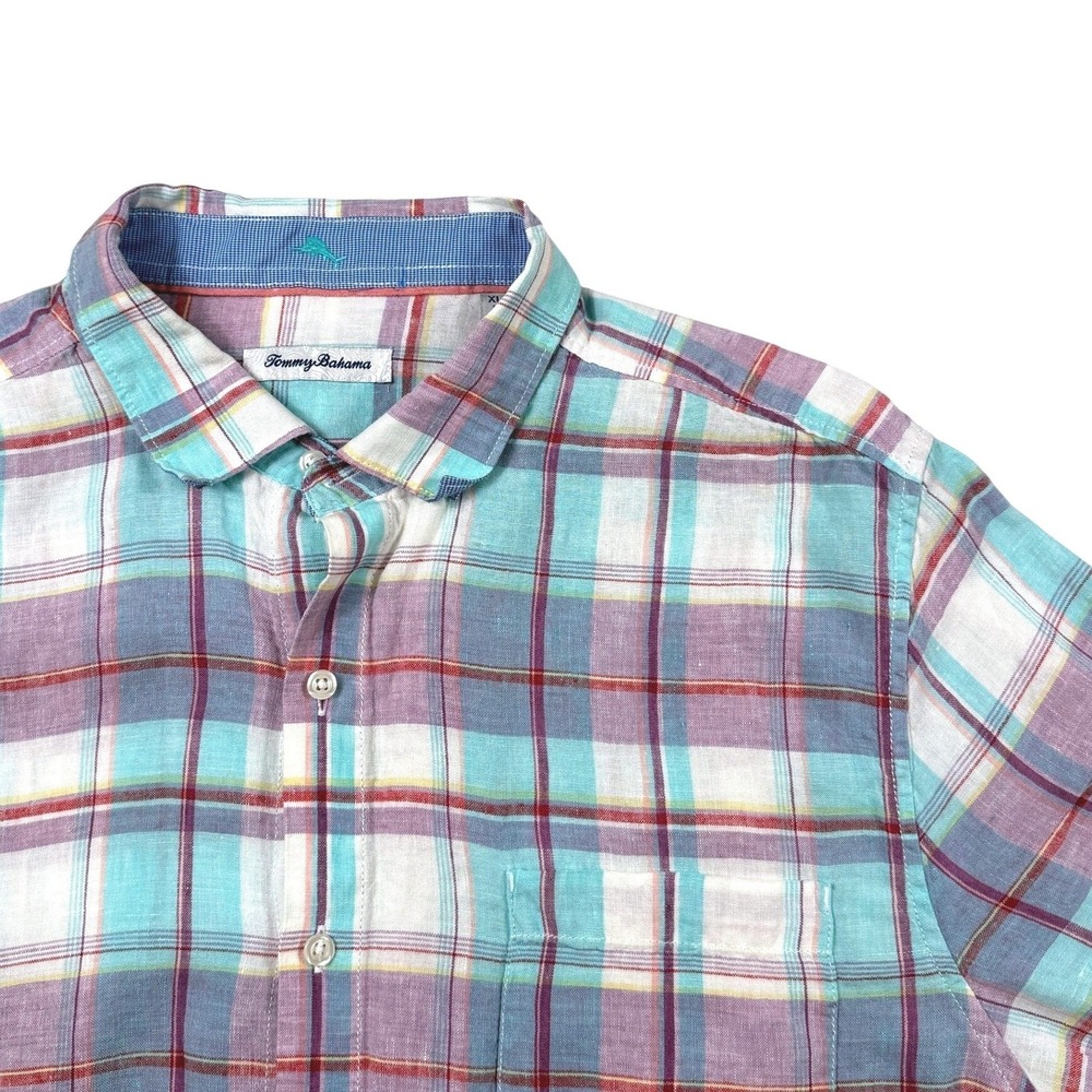Tommy Bahama Mens XL Linen Plaid Long Sleeve Button‎ Down Shirt Turquoise Purple
